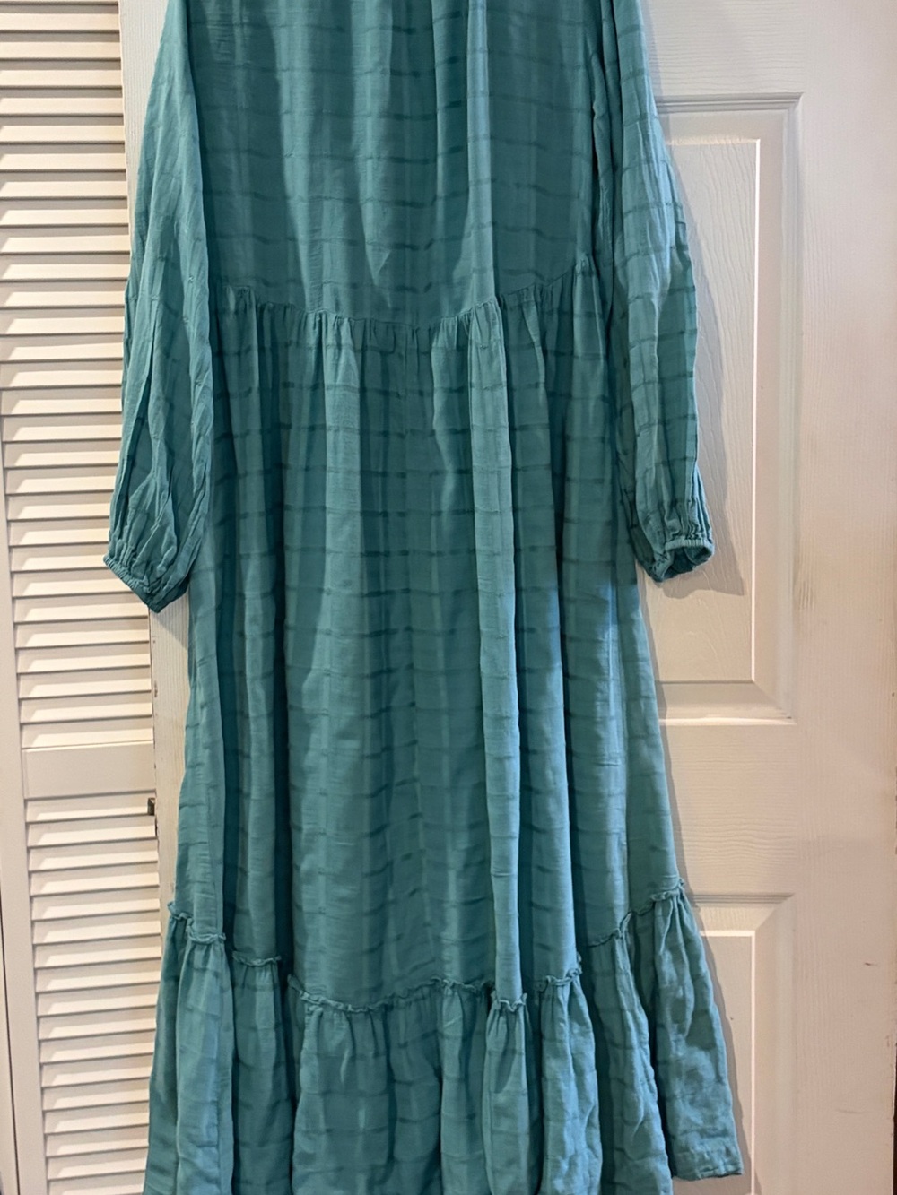 Free People Edie Maxi Dress M Turquoise Teal Plaid Tiered Button Front Duster - Picture 10 of 12
